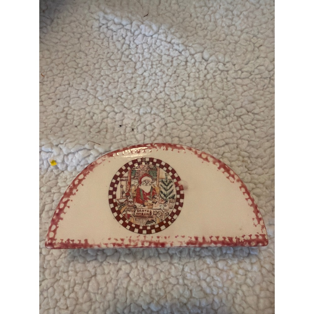Vintage 1997 Magic Creations Santa's Workshop Ceramic Napkin Holder Red Cream
